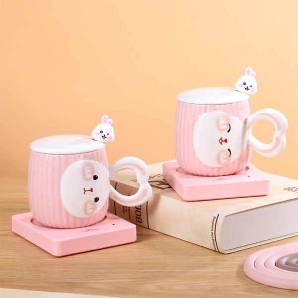 可愛萌兔恒溫55度暖暖杯套裝 加熱杯墊+陶瓷馬克杯 三八節(jié)日禮品1