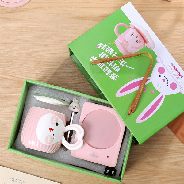 可愛萌兔恒溫55度暖暖杯套裝 加熱杯墊+陶瓷馬克杯 三八節(jié)日禮品2